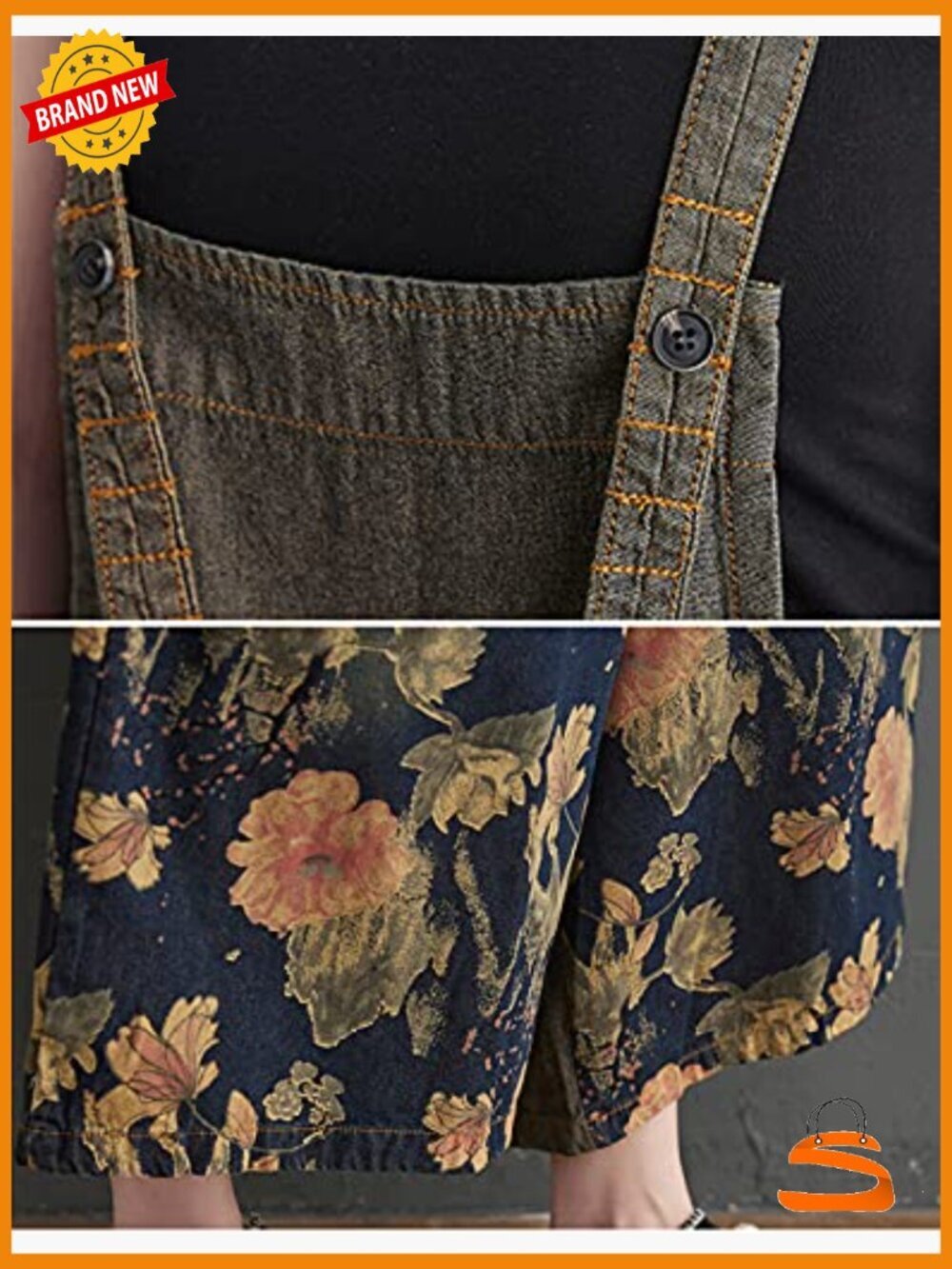 Womens Overalls Jumpsuits Floral Print Denim Baggy Wide Leg Pockets Low Crotch - Picture 6 of 6